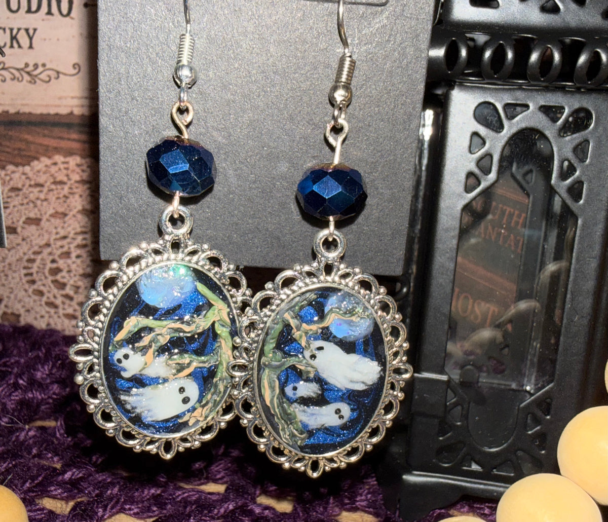 Flying Ghost and Tree Frame Earrings blue bead
